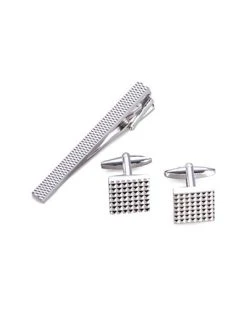 Bey-Berk Rhodium Plated Checkered Design Cufflinks & Tie Pin Set Men