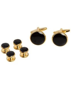 Bey-Berk Black Enameled Gold Plated Cufflinks & Studs Set Men