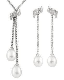 Splendid Pearls Ver 7-9mm Freshwater Pearl & CZ Earrings & Necklace Set Set Men
