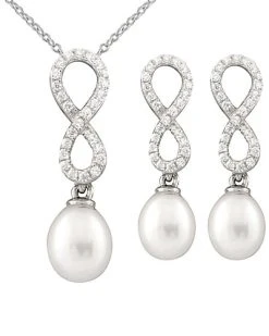 Splendid Pearls Ver 7.5-8mm Freshwater Pearl & CZ Earrings & Necklace Set Set Men