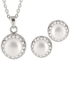 Splendid Pearls Ver 7-8mm Freshwater Pearl & CZ Earrings & Necklace Set Set Men