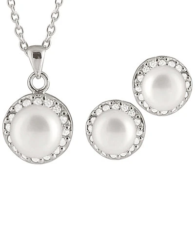 Splendid Pearls Ver 7-8mm Freshwater Pearl & CZ Earrings & Necklace Set Set Men