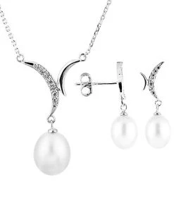 Splendid Pearls Ver 7-9mm Freshwater Pearl & CZ Earrings & Necklace Set Set Men