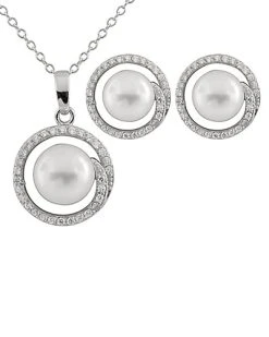 Splendid Pearls Ver 7.5-9mm Freshwater Pearl & CZ Earrings & Necklace Set Set Men