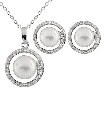 Splendid Pearls Ver 7.5-9mm Freshwater Pearl & CZ Earrings & Necklace Set Set Men