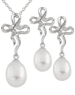 Splendid Pearls Ver 7-9mm Freshwater Pearl Earrings & Necklace Set Set Men