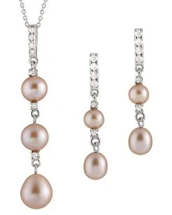 Splendid Pearls Ver 5.5-8.5mm Freshwater Pearl & CZ Earrings & Necklace Set Set Men