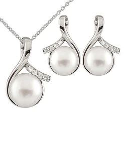 Splendid Pearls Ver 8-10mm Freshwater Pearl & CZ Earrings & Necklace Set Set Men