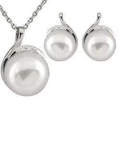 Splendid Pearls Ver 9-10mm Freshwater Pearl & CZ Earrings & Necklace Set Set Men