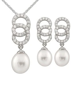 Splendid Pearls Ver 7-8mm Freshwater Pearl & CZ Earrings & Necklace Set Set Men