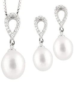 Splendid Pearls Ver 7-9mm Freshwater Pearl & CZ Earrings & Necklace Set Set Men