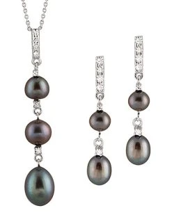 Splendid Pearls Ver 5.5-8.5mm Freshwater Pearl & CZ Earrings & Necklace Set Set Men