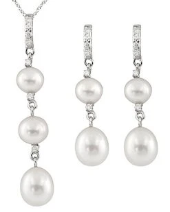 Splendid Pearls Ver 5.5-8.5mm Freshwater Pearl & CZ Earrings & Necklace Set Set Men