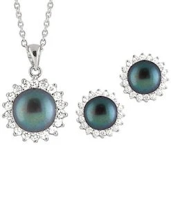 Splendid Pearls Ver 7-9mm Freshwater Pearl & CZ Earrings & Necklace Set Set Men