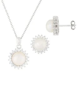 Splendid Pearls Ver 7-9mm Freshwater Pearl & CZ Earrings & Necklace Set Set Men