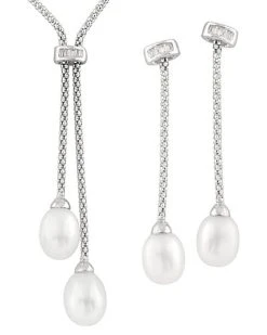 Splendid Pearls Ver 7-8mm Freshwater Pearl Earrings & Necklace Set Men