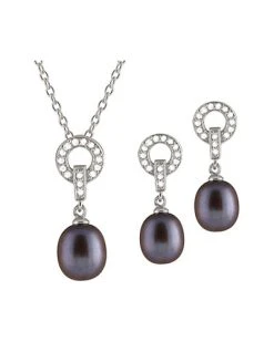 Splendid Pearls Rhodium Plated Silver 8-8.5mm Pearl Drop Earrings & Necklace Set Men