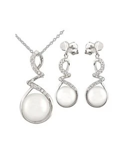 Splendid Pearls Rhodium Plated Silver 7-9mm Pearl Drop Earrings & Necklace Set Men