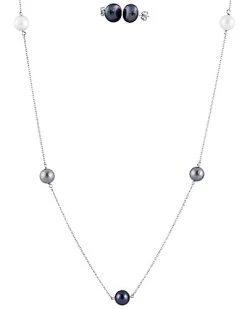 Splendid Pearls Rhodium Plated Silver 7-8mm Freshwater Pearl Earrings & Necklace Set Men