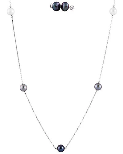 Splendid Pearls Rhodium Plated Silver 7-8mm Freshwater Pearl Earrings & Necklace Set Men