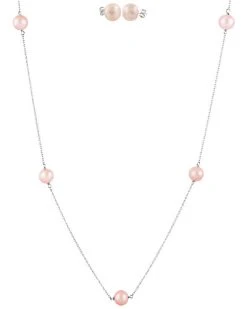 Splendid Pearls Rhodium Plated Silver 7-8mm Freshwater Pearl Earrings & Necklace Set Men