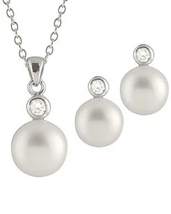 Splendid Pearls Ver 8-8.5mm Freshwater Pearl & CZ Earrings & Necklace Set Men