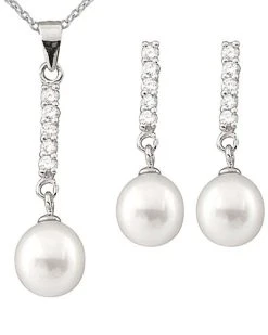 Splendid Pearls Rhodium Plated Silver 8-9mm Freshwater Pearl & CZ Drop Earrings & Necklace Set Men
