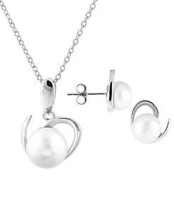 Splendid Pearls Rhodium Plated Silver 7.5-9mm Freshwater Pearl Earrings & Necklace Set Men