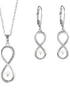 Splendid Pearls Ver 7.5-8mm Freshwater Pearl & CZ Drop Earrings & Necklace Set Men
