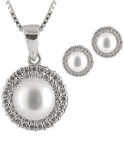 Splendid Pearls Ver 9-9.5mm Freshwater Pearl & CZ Drop Earrings & Necklace Set Men